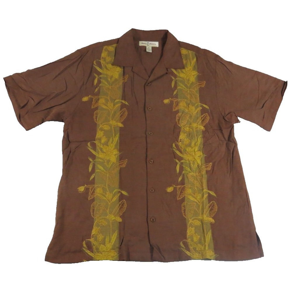 Tommy Bahama VTG Y2K Shirt Men M Brown Silk Embroidered Floral Panel Camp Button